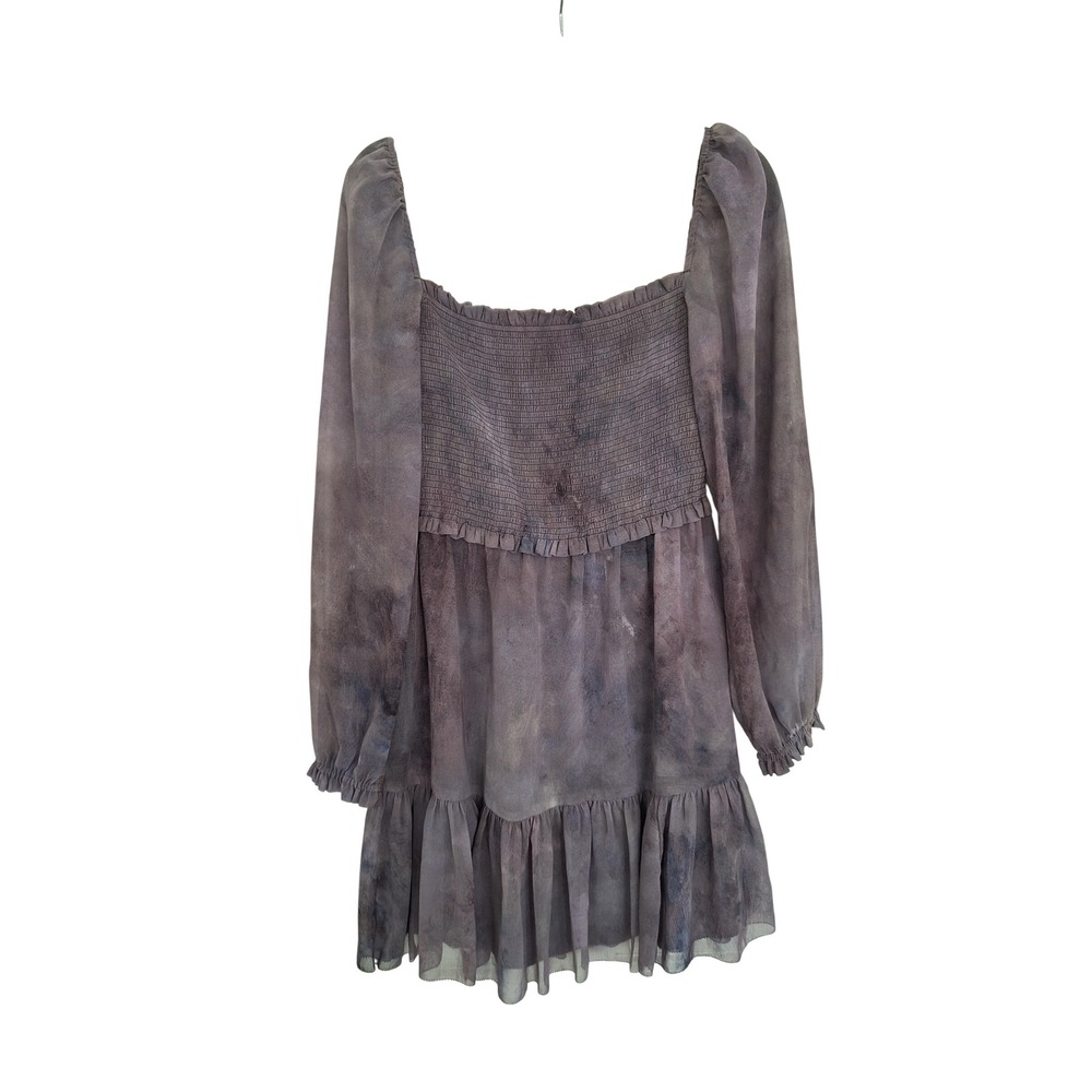 Wilfred Aritzia Smocked Mini Dress M Purple Grey Tie Dye Long Sleeve Ruffle Hem
